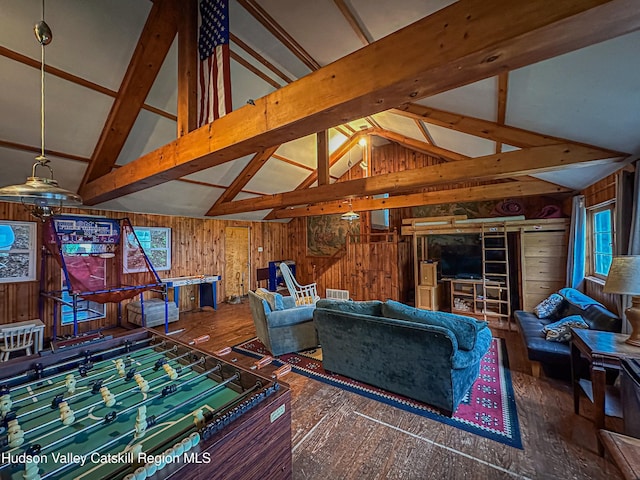76 Smith Rd, Preston Hollow, NY 12469 - living room with wooden walls, high vaulted ceiling, wood finished floors, and beamed ceiling