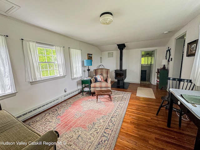 76 Smith Rd, Preston Hollow, NY 12469 - living room featuring baseboard heating, wood finished floors, and a wood stove