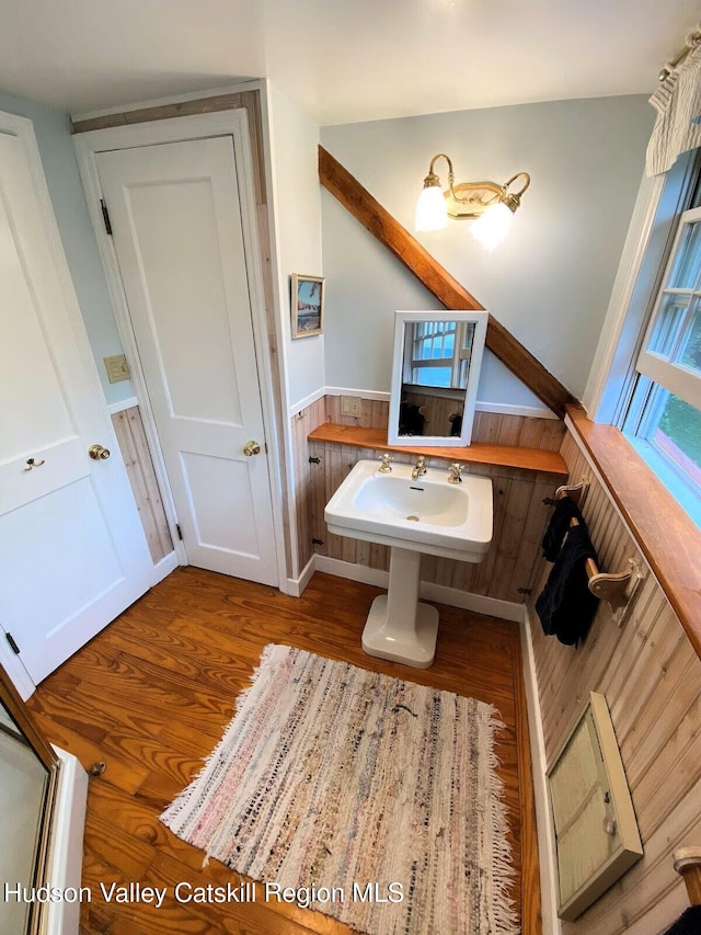 76 Smith Rd, Preston Hollow, NY 12469 - bathroom featuring wood finished floors, a wainscoted wall, and wooden walls