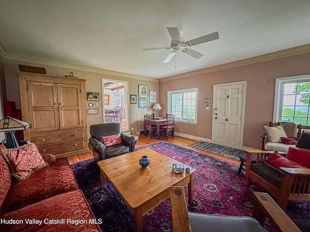 76 Smith Rd, Preston Hollow, NY 12469 - living room featuring light wood-style floors, healthy amount of natural light, ornamental molding, and ceiling fan