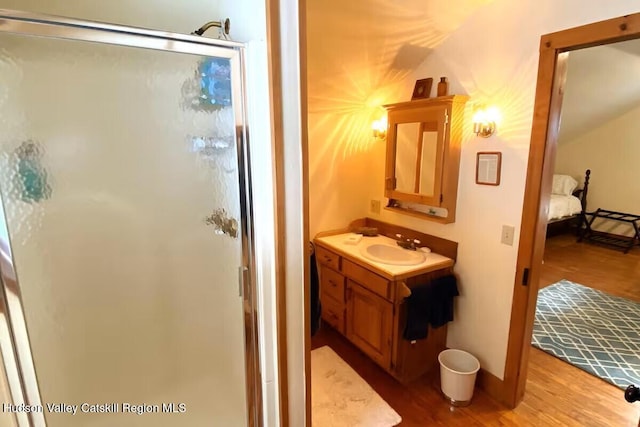 76 Smith Rd, Preston Hollow, NY 12469 - bathroom with wood finished floors, a stall shower, and vanity
