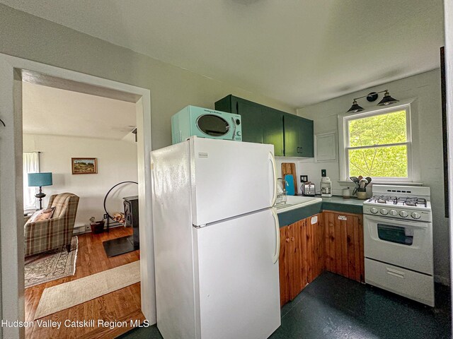 76 Smith Rd, Preston Hollow, NY 12469 - kitchen featuring white appliances, green cabinets, and dark wood-style floors