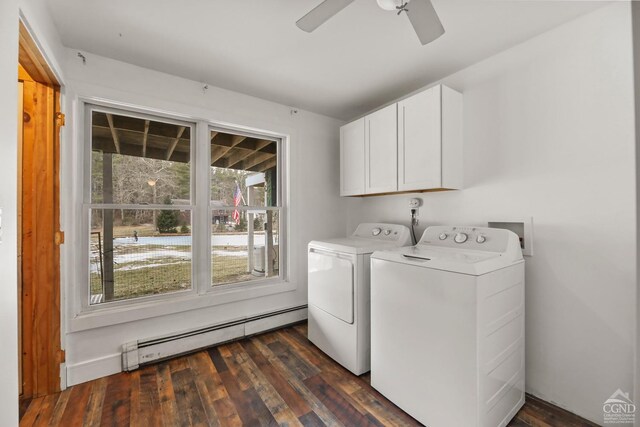 52 Bowman Rd, Chatham, NY 12037 - clothes washing area with a baseboard heating unit, cabinet space, separate washer and dryer, a ceiling fan, and dark wood finished floors