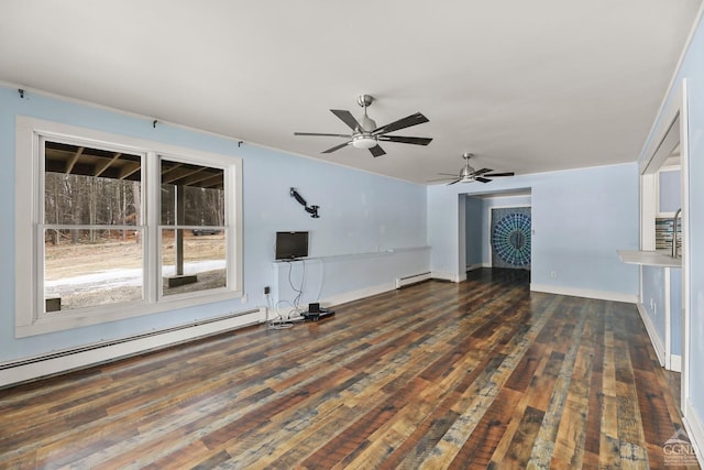 52 Bowman Rd, Chatham, NY 12037 - unfurnished living room featuring a baseboard radiator, a baseboard heating unit, a ceiling fan, and hardwood / wood-style flooring