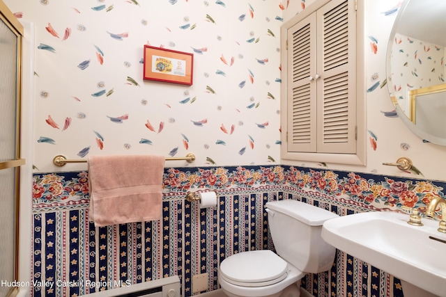 494 Edwards Rd, Monticello, NY 12701 - bathroom with wallpapered walls, toilet, and a sink