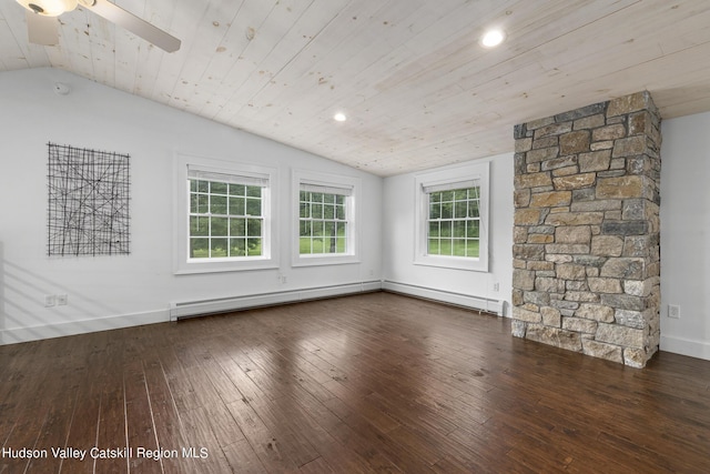 interior space featuring dark wood-type flooring, wooden ceiling, ceiling fan, and vaulted ceiling