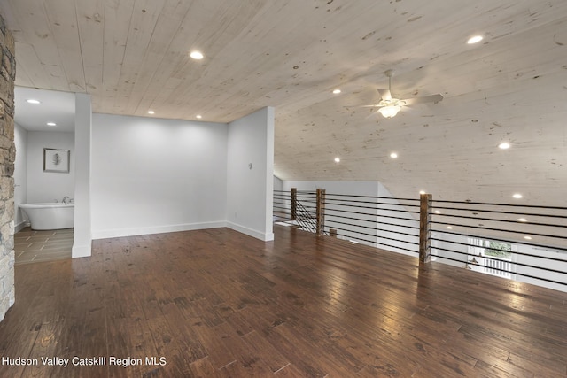 unfurnished room with dark wood-type flooring, ceiling fan, and wooden ceiling