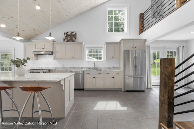 kitchen featuring decorative light fixtures, sink, light stone counters, stainless steel appliances, and plenty of natural light