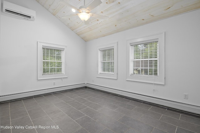 empty room featuring wood ceiling, lofted ceiling, plenty of natural light, and a wall mounted AC