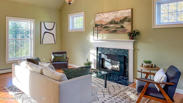 living area with vaulted ceiling, a baseboard radiator, wood finished floors, and a fireplace