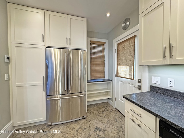 11 W Bridge St, Saugerties, NY 12477 - kitchen featuring freestanding refrigerator, dishwasher, recessed lighting, light marble finish floors, and white cabinetry