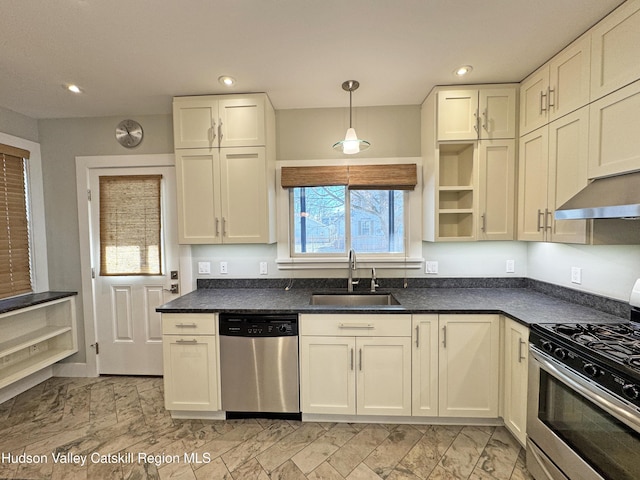 11 W Bridge St, Saugerties, NY 12477 - kitchen featuring stainless steel appliances, under cabinet range hood, light marble finish floors, recessed lighting, and white cabinets