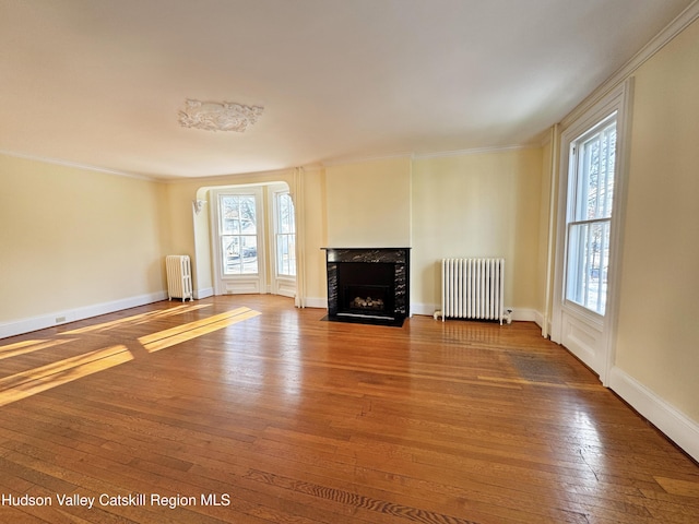 11 W Bridge St, Saugerties, NY 12477 - unfurnished living room with radiator heating unit, hardwood / wood-style flooring, crown molding, and a fireplace with flush hearth