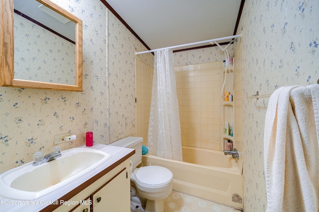 bathroom featuring vanity, wallpapered walls, ornamental molding, toilet, and shower / tub combo with curtain