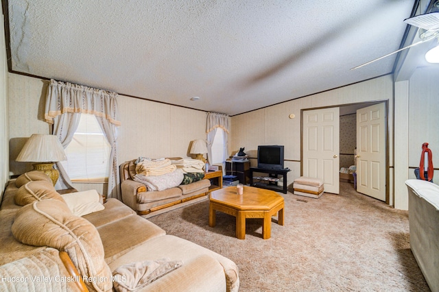 living area featuring vaulted ceiling, a textured ceiling, and carpet floors