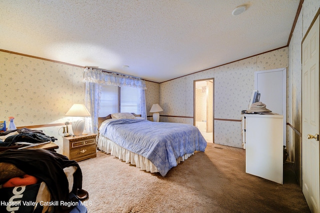 carpeted bedroom featuring wallpapered walls, crown molding, and a textured ceiling