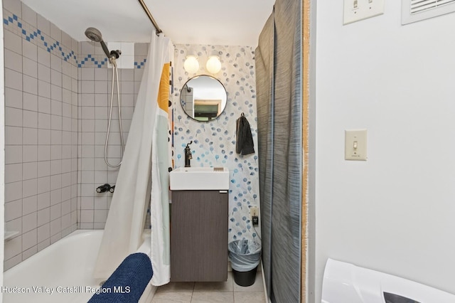 194 High Falls Rd, Saugerties, NY 12477 - bathroom featuring shower / bath combo, wallpapered walls, tile patterned flooring, and vanity