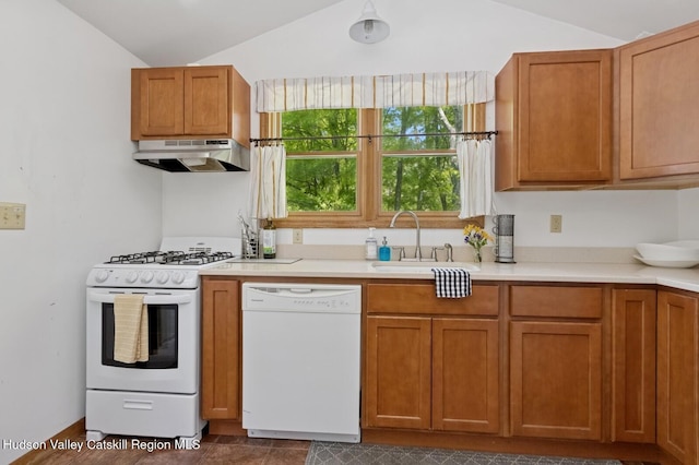194 High Falls Rd, Saugerties, NY 12477 - kitchen with white appliances, under cabinet range hood, vaulted ceiling, a sink, and light countertops