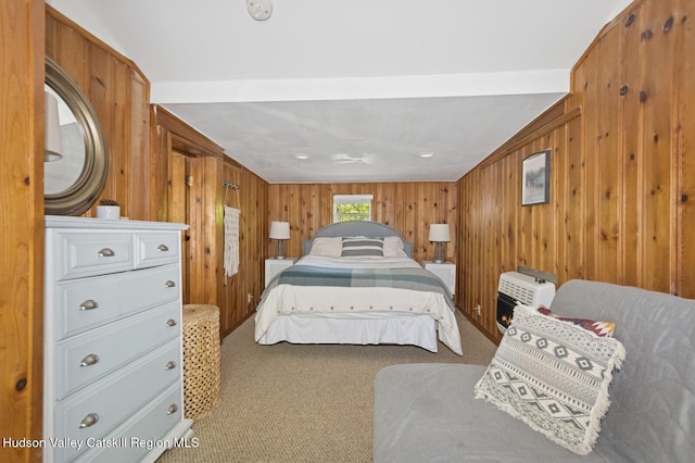 194 High Falls Rd, Saugerties, NY 12477 - carpeted bedroom with wooden walls and lofted ceiling