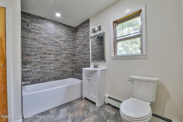 18 Maplewood Ave, Windham, NY 12496 - bathroom with a baseboard radiator, vanity, stone finish flooring, and washtub / shower combination