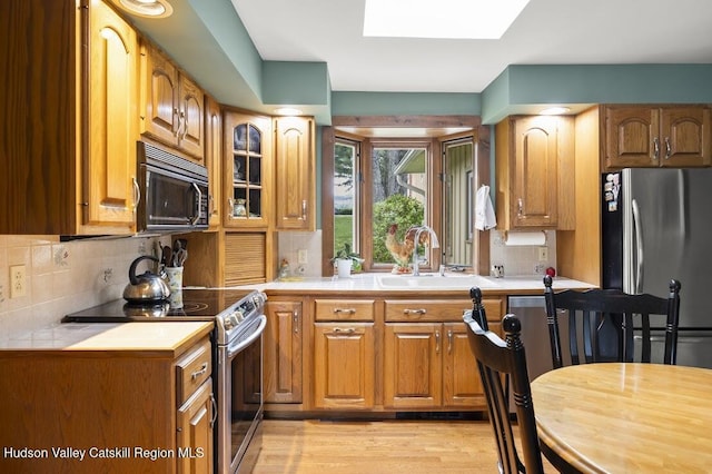 1024 Lakeview Rd, Copake, NY 12516 - kitchen with stainless steel appliances, light countertops, a skylight, light wood finished floors, and backsplash