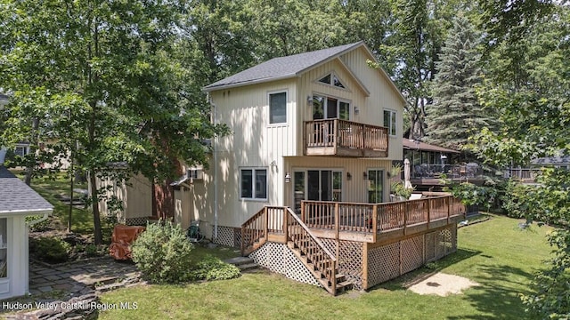 1024 Lakeview Rd, Copake, NY 12516 - back of house featuring a balcony, a yard, a shingled roof, a deck, and view of scattered trees