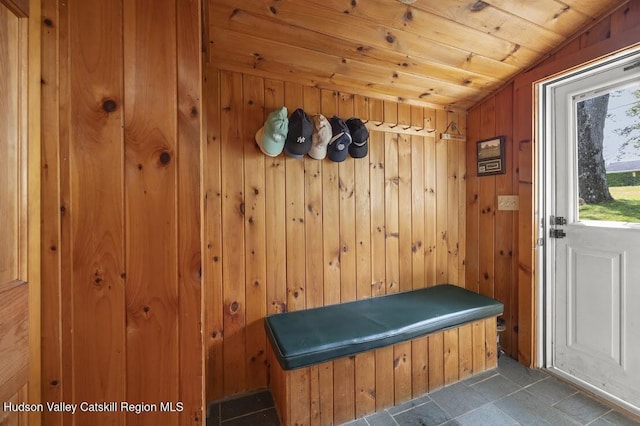 1024 Lakeview Rd, Copake, NY 12516 - mudroom featuring lofted ceiling, wood ceiling, and wooden walls