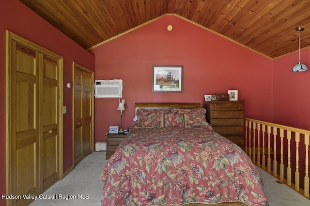 1024 Lakeview Rd, Copake, NY 12516 - bedroom featuring carpet flooring, vaulted ceiling, a wall mounted AC, wood ceiling, and a baseboard heating unit