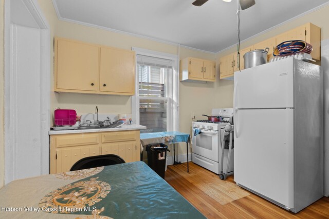 kitchen featuring light brown cabinetry, light hardwood / wood-style flooring, white appliances, and ornamental molding