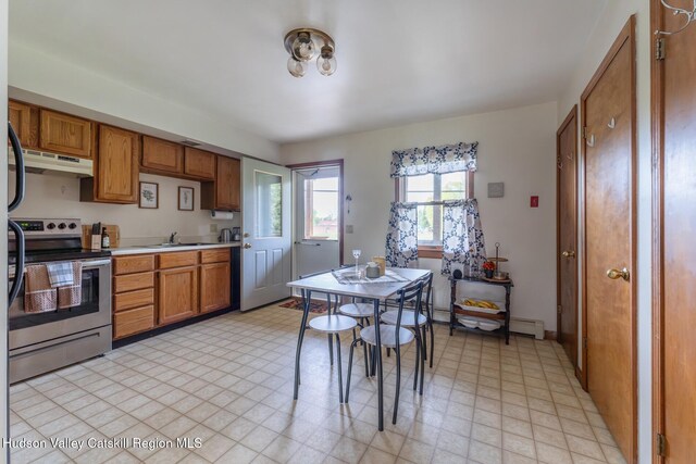 16 Fording Place Rd, Lake Katrine, NY 12449 - kitchen featuring baseboard heating, stainless steel electric range oven, and sink