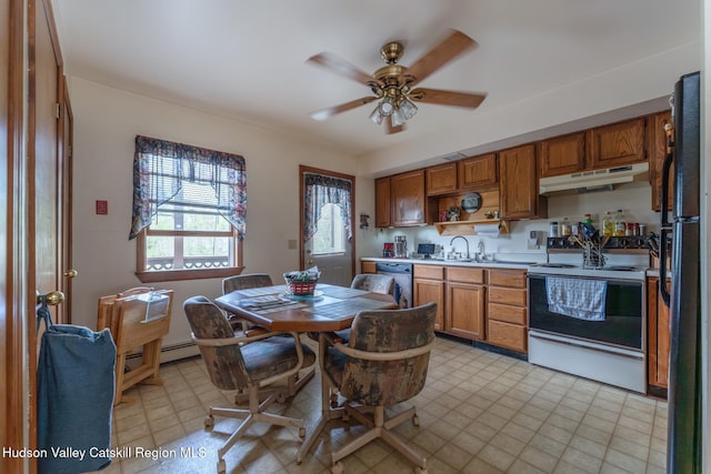 16 Fording Place Rd, Lake Katrine, NY 12449 - kitchen featuring sink, ceiling fan, white electric stove, stainless steel dishwasher, and black refrigerator