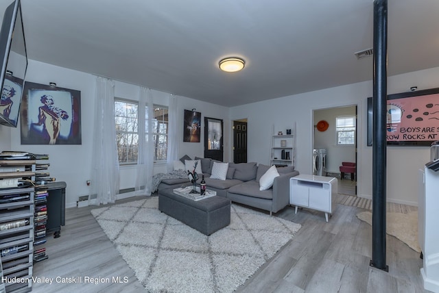 living room featuring washer and clothes dryer and light hardwood / wood-style flooring