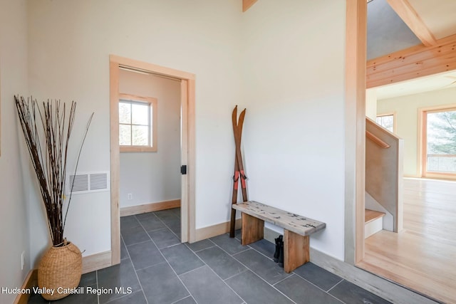 hallway featuring plenty of natural light and dark tile patterned floors