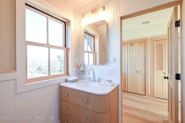 bathroom with vanity and hardwood / wood-style floors