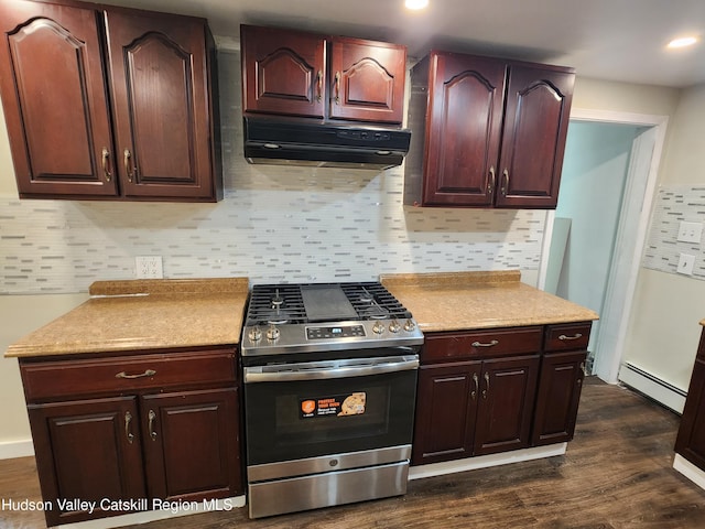 kitchen with a baseboard radiator, dark hardwood / wood-style floors, range hood, backsplash, and stainless steel range with gas stovetop