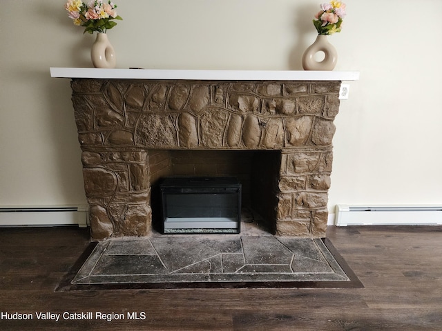 details featuring hardwood / wood-style floors and a baseboard heating unit