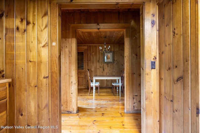 340 Lower Cady Rd, Old Chatham, NY 12136 - corridor featuring wood walls, hardwood / wood-style floors, and wood ceiling
