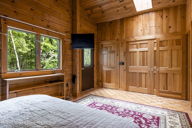 340 Lower Cady Rd, Old Chatham, NY 12136 - bedroom with wood walls, wood ceiling, and high vaulted ceiling