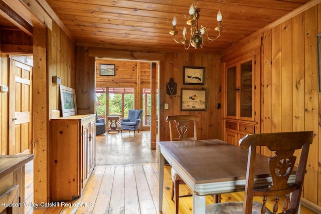 340 Lower Cady Rd, Old Chatham, NY 12136 - dining area featuring wooden ceiling, wood walls, a chandelier, and light wood-style flooring