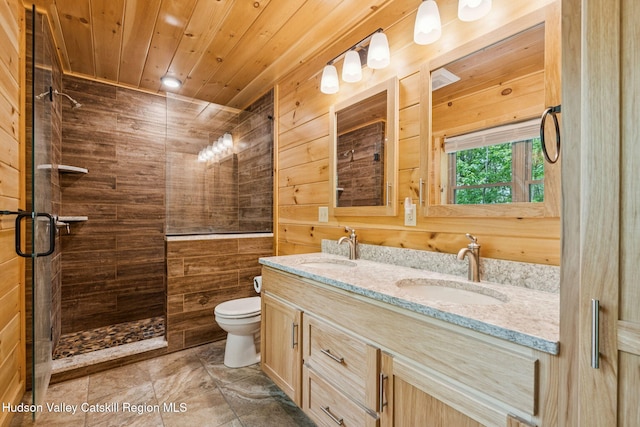 111 Ridgeway, Catskill, NY 12414 - bathroom featuring wooden walls, toilet, a stall shower, double vanity, and wood ceiling