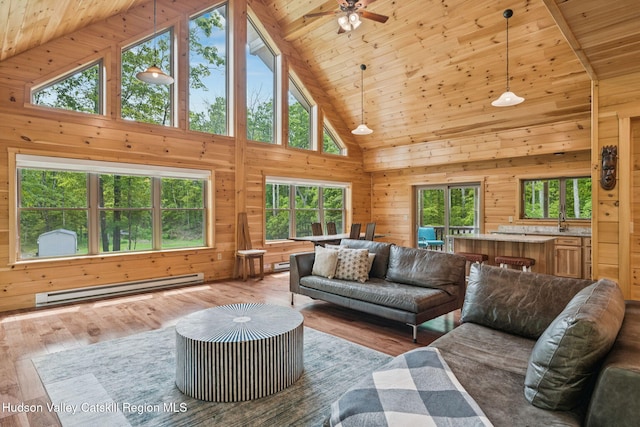 111 Ridgeway, Catskill, NY 12414 - living area featuring baseboard heating, high vaulted ceiling, wooden walls, wood ceiling, and a ceiling fan