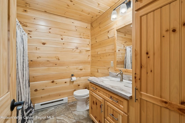 111 Ridgeway, Catskill, NY 12414 - full bath featuring a baseboard heating unit, toilet, vanity, wood walls, and wood ceiling