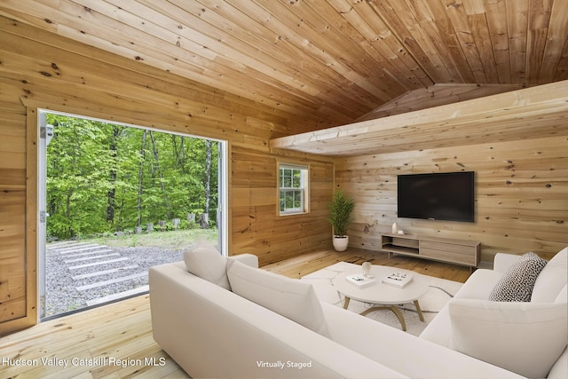 111 Ridgeway, Catskill, NY 12414 - living area featuring lofted ceiling, wood ceiling, wood-type flooring, and wooden walls