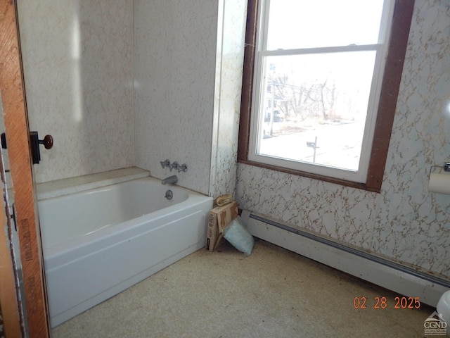 4700 Potter Hollow Rd, Preston Hollow, NY 12469 - full bathroom featuring a baseboard radiator, healthy amount of natural light, wallpapered walls, and a bath