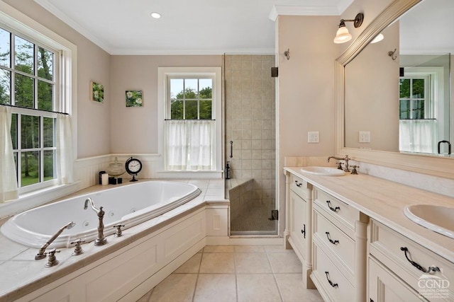 470 Harrington Dr, Austerlitz, NY 12017 - bathroom featuring a tub with jets, a stall shower, tile patterned flooring, double vanity, and ornamental molding