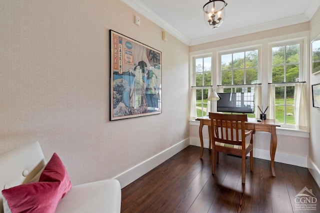 470 Harrington Dr, Austerlitz, NY 12017 - office space with plenty of natural light, baseboards, crown molding, dark wood-style floors, and a chandelier