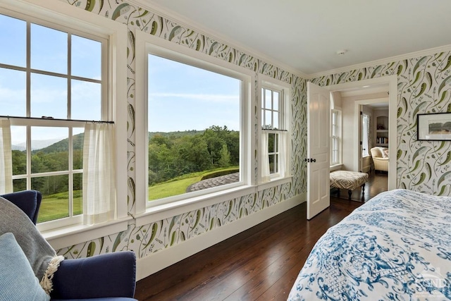 470 Harrington Dr, Austerlitz, NY 12017 - bedroom with wallpapered walls, baseboards, ornamental molding, dark wood-type flooring, and a mountain view