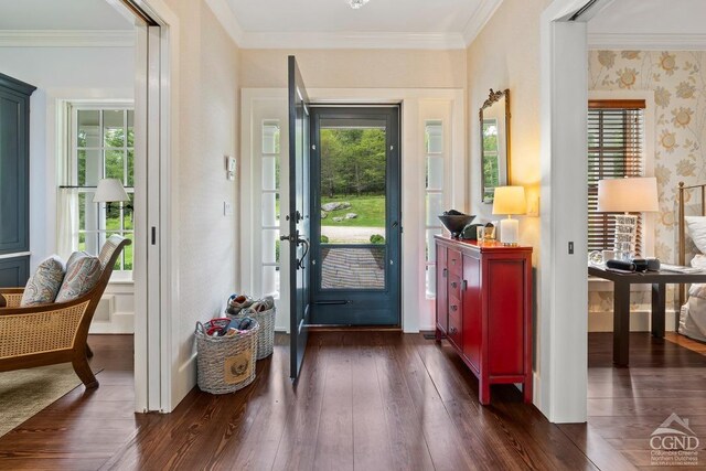 470 Harrington Dr, Austerlitz, NY 12017 - foyer with dark wood finished floors, ornamental molding, and wallpapered walls