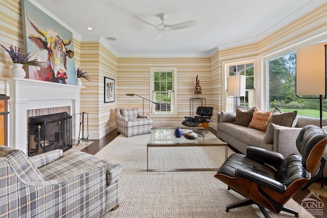 470 Harrington Dr, Austerlitz, NY 12017 - living area featuring wallpapered walls, wood finished floors, crown molding, ceiling fan, and baseboards