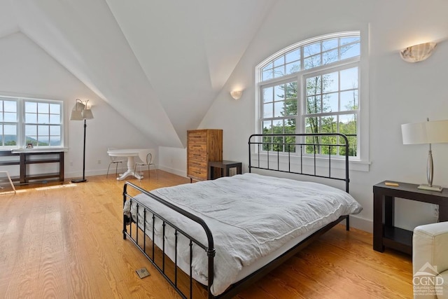 470 Harrington Dr, Austerlitz, NY 12017 - bedroom featuring vaulted ceiling, multiple windows, wood finished floors, and baseboards